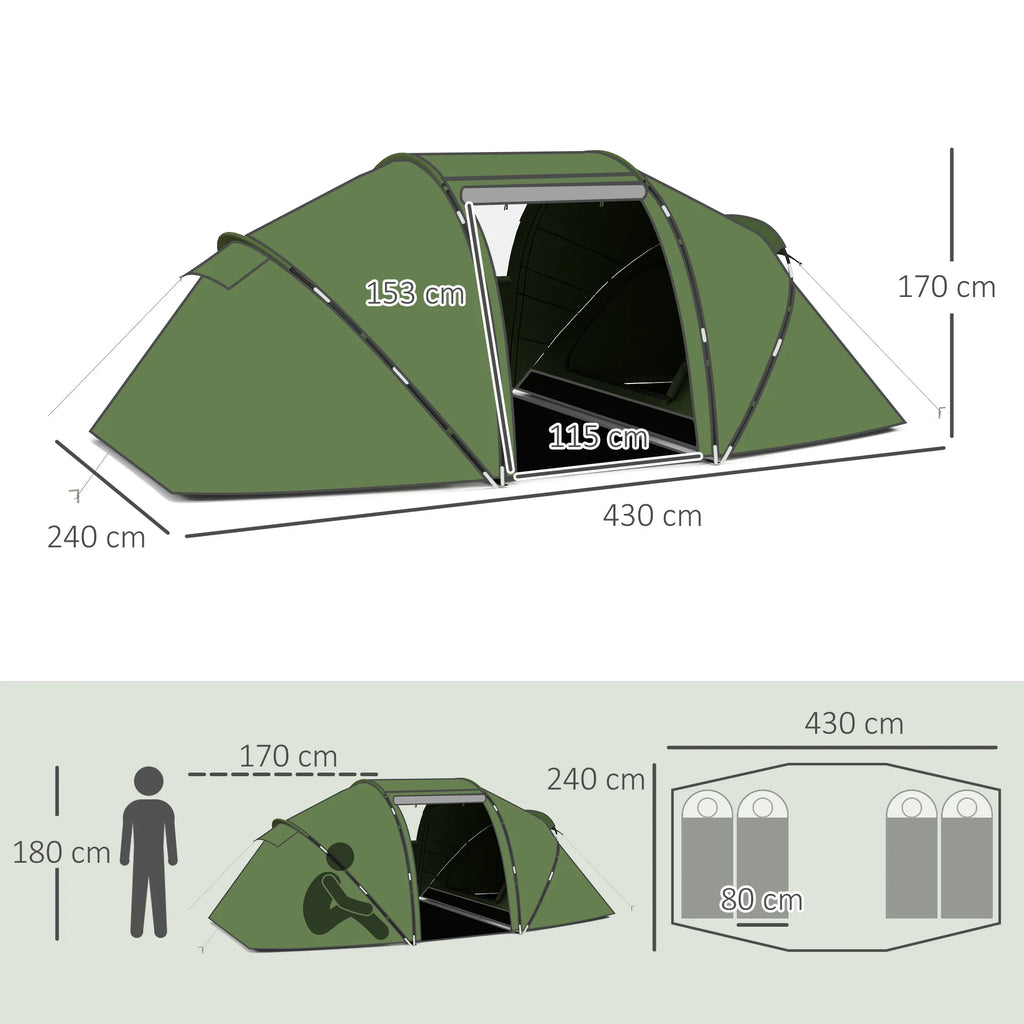 Tunelinė šeimyninė palapinė 4–6 asmenims, su dviem miegamosiomis kabinomis, 2000 mm atsparumu vandeniui, žalia