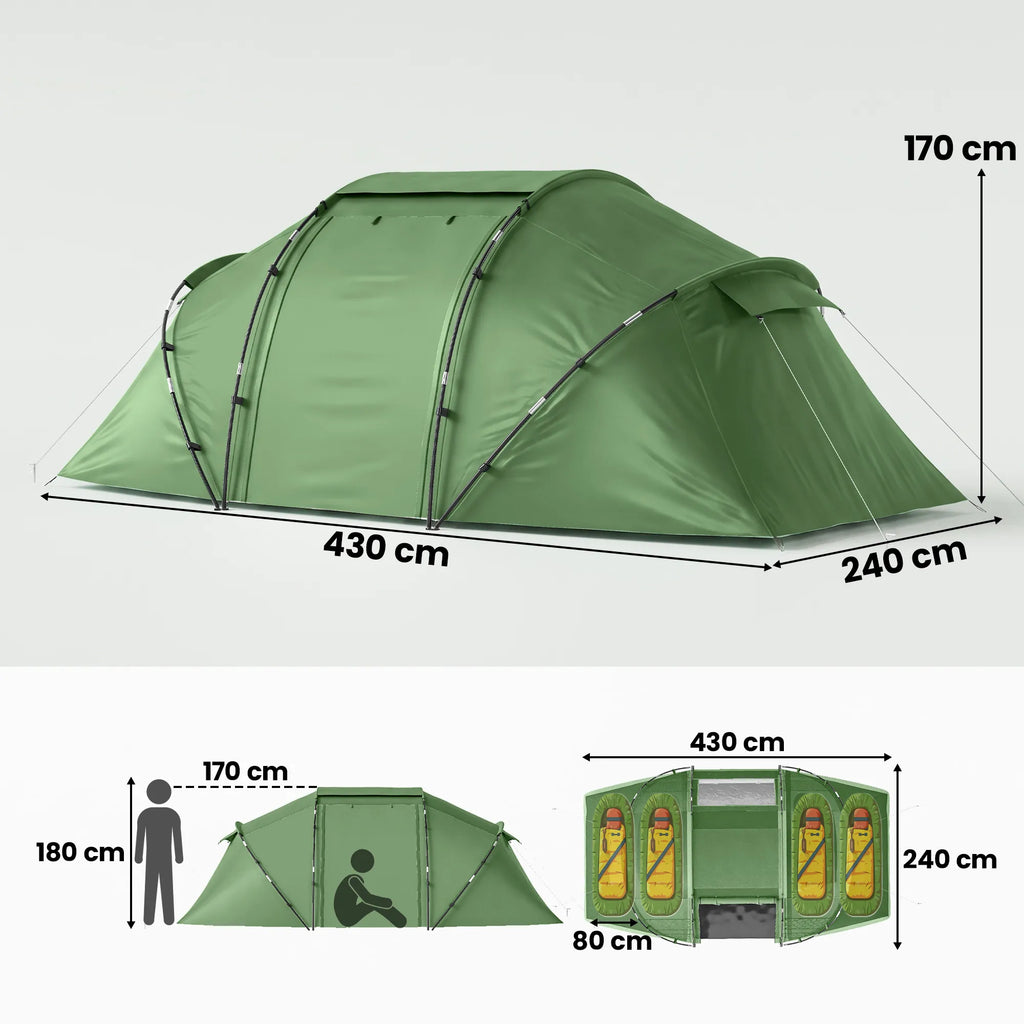 Tunelinė šeimyninė palapinė 4–6 asmenims, su dviem miegamosiomis kabinomis, 2000 mm atsparumu vandeniui, žalia