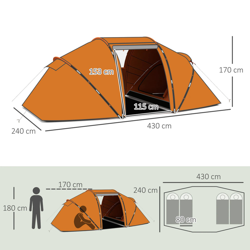 Tunelinis šiltnamis, 4–6 vietų kempingo palapinė, oranžinis