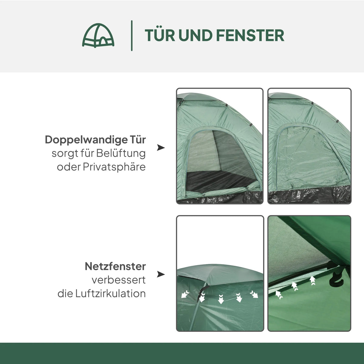 Turistinė kempingo palapinė 2 asmenims, tamsiai žalia