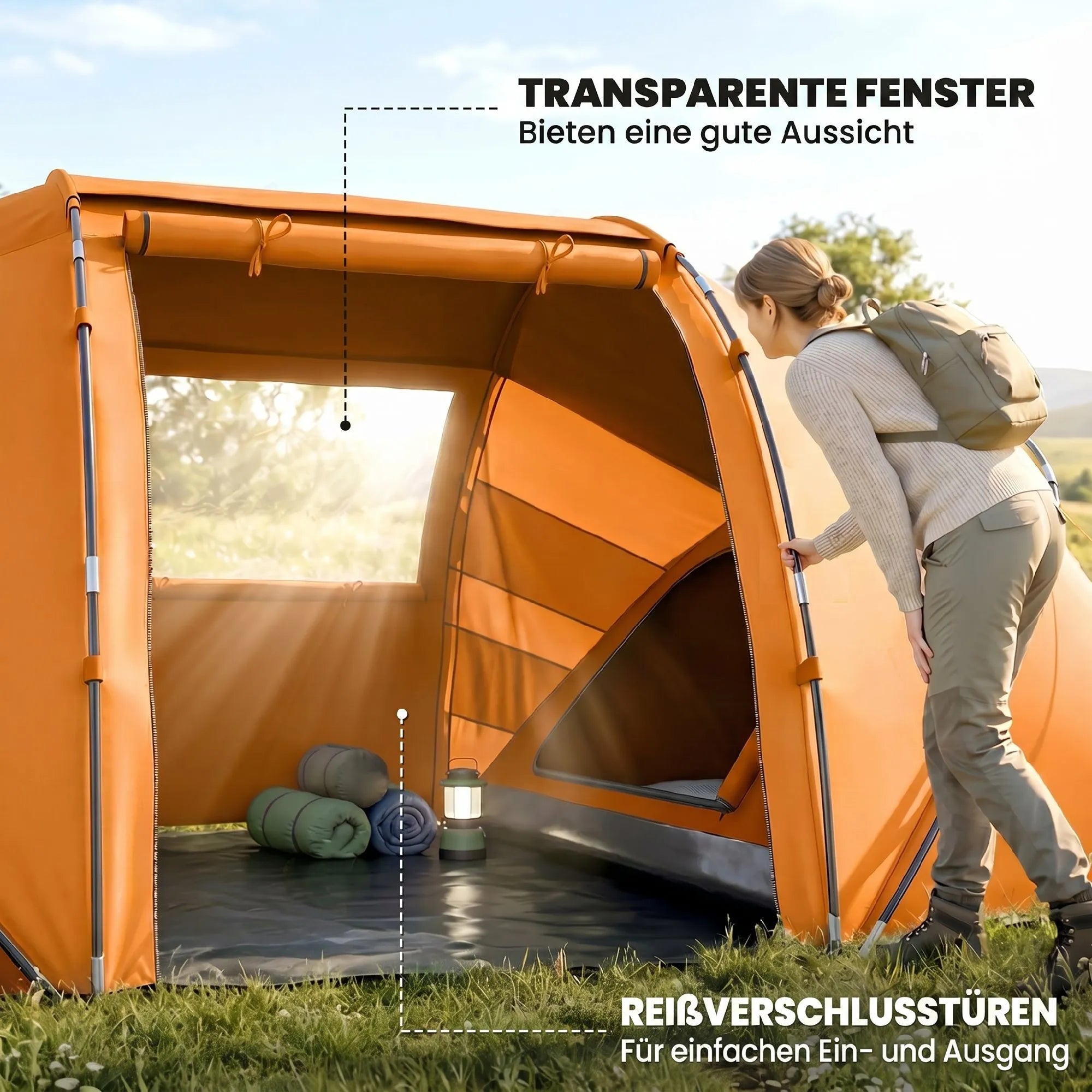 Turistinė palapinė 4–6 asmenims, su prieangiu ir 2 įėjimais, oranžinė