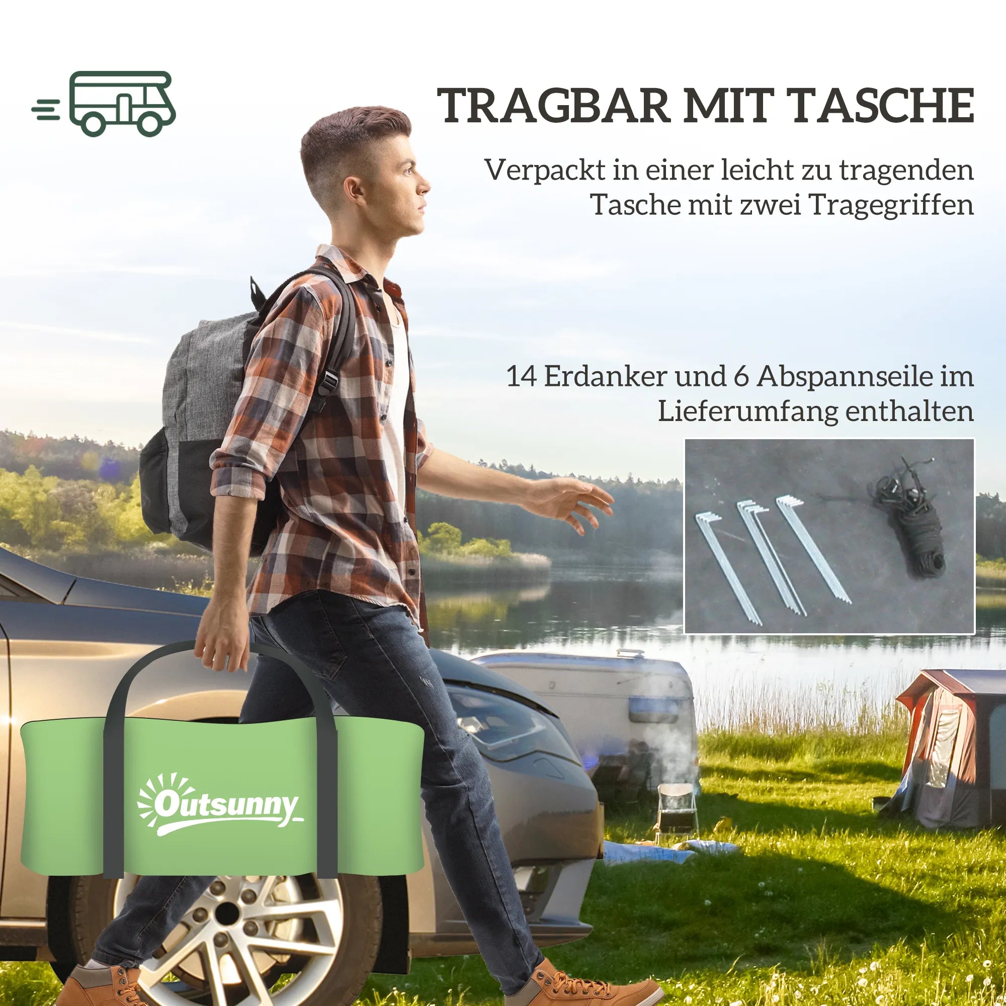 Vyras neša palapinės krepšį stovyklavietėje prie automobilio
