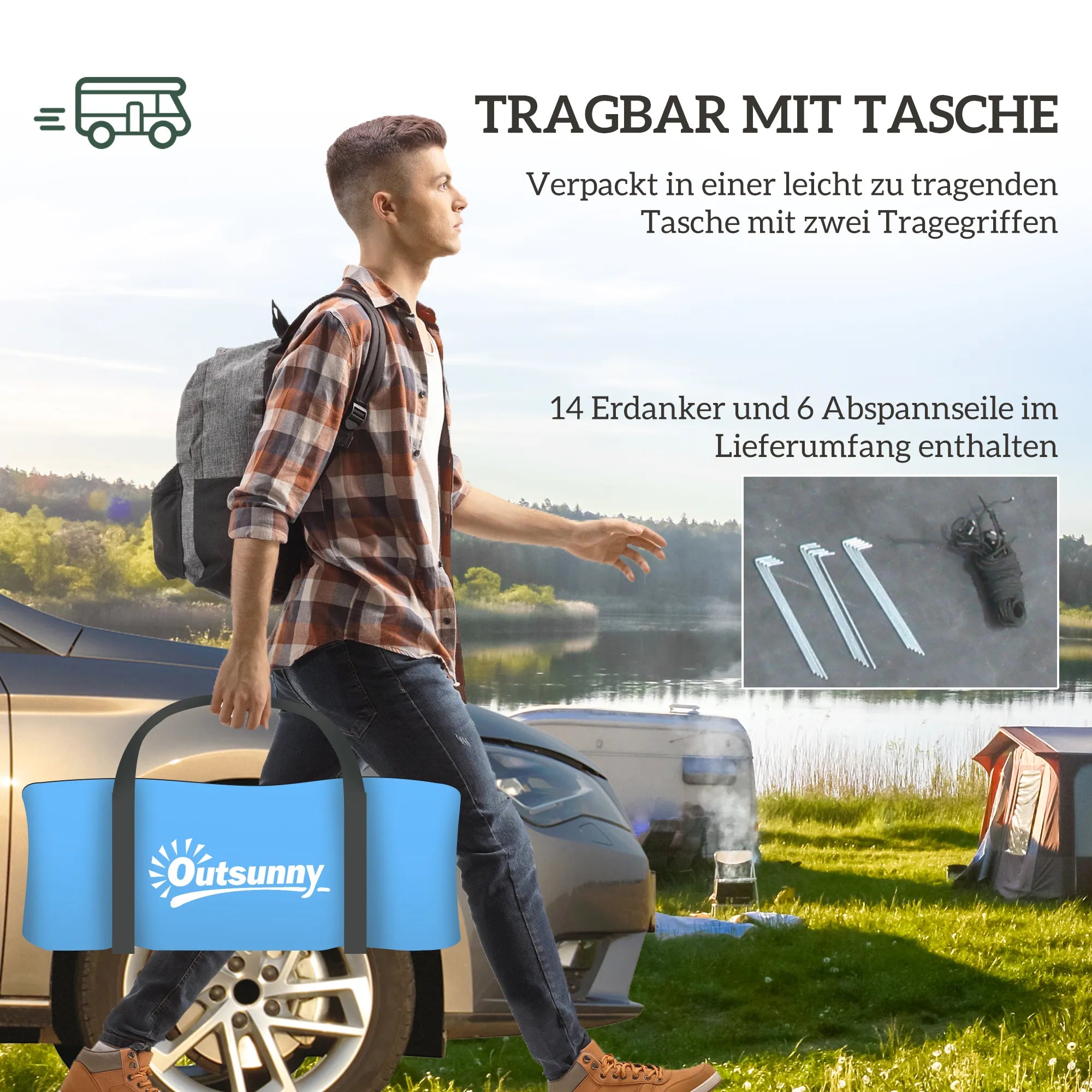 Vyras neša palapinės krepšį stovyklavietėje prie automobilio
