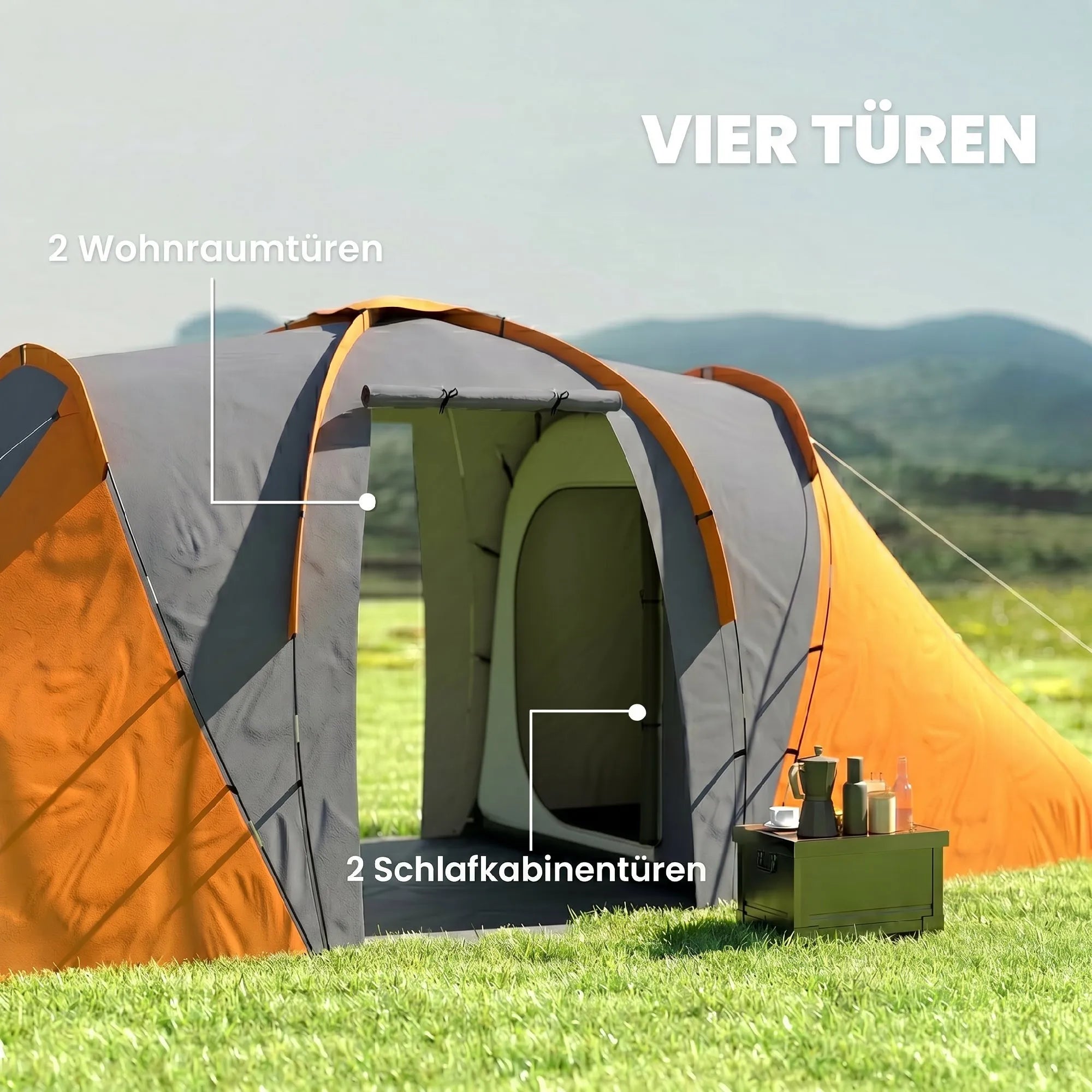 Turistinė palapinė su 2 miegamaisiais, 4–6 vietų, pilka ir oranžinė