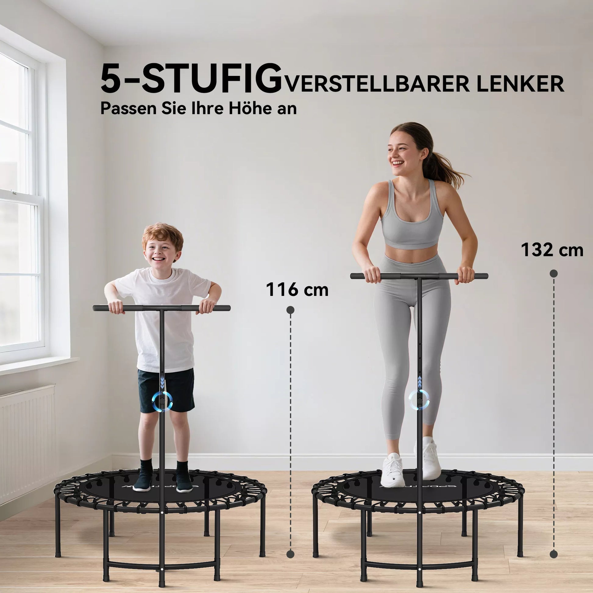 Reboundingo batutas, 5 pakopų reguliuojama rankena, treniruočių batutas, juodas