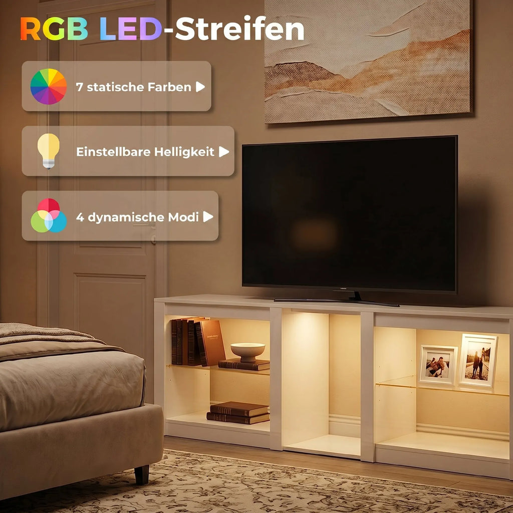 TV komoda su RGB LED apšvietimu ir stiklinėmis lentynomis, iki 75 colių televizoriams, balta
