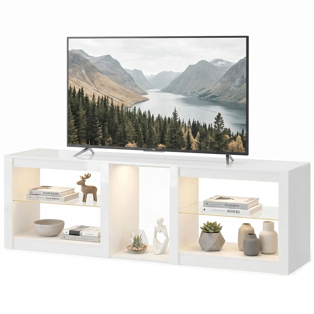TV komoda su RGB LED apšvietimu ir stiklinėmis lentynomis, iki 75 colių televizoriams, balta