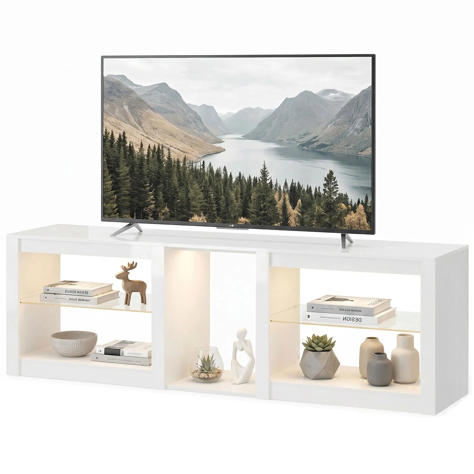TV komoda su RGB LED apšvietimu ir stiklinėmis lentynomis, iki 75 colių televizoriams, balta