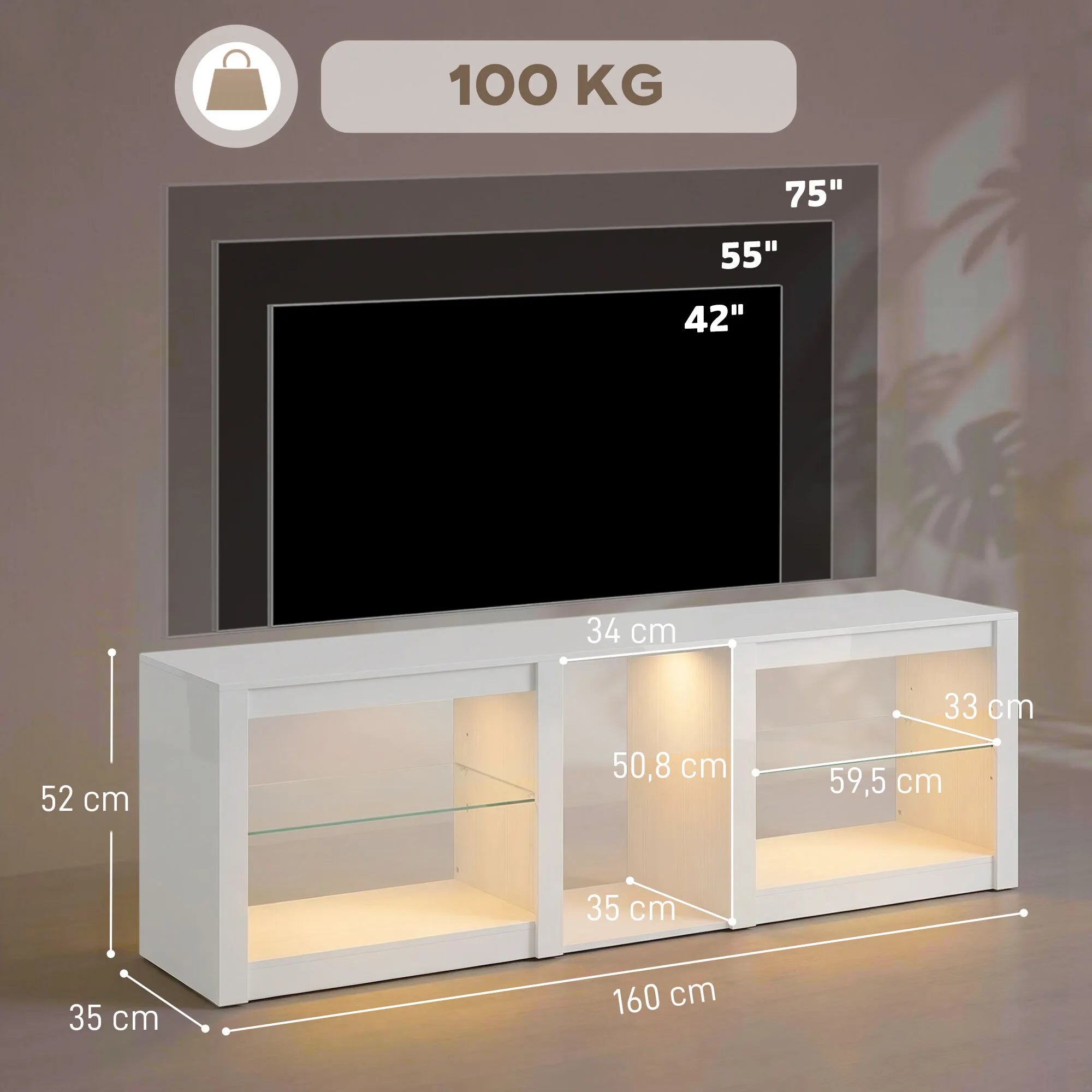 TV komoda su RGB LED apšvietimu ir stiklinėmis lentynomis, iki 75 colių televizoriams, balta