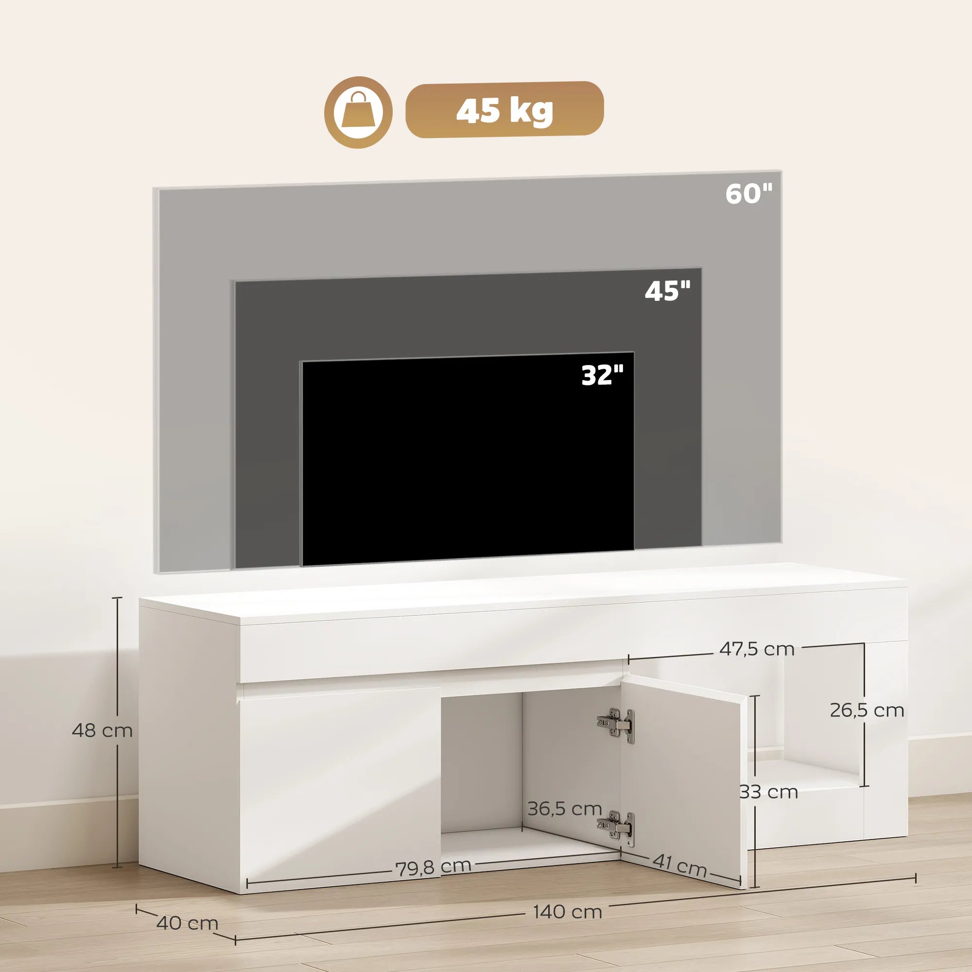 TV spintelė, 140 × 40 × 48 cm, balta