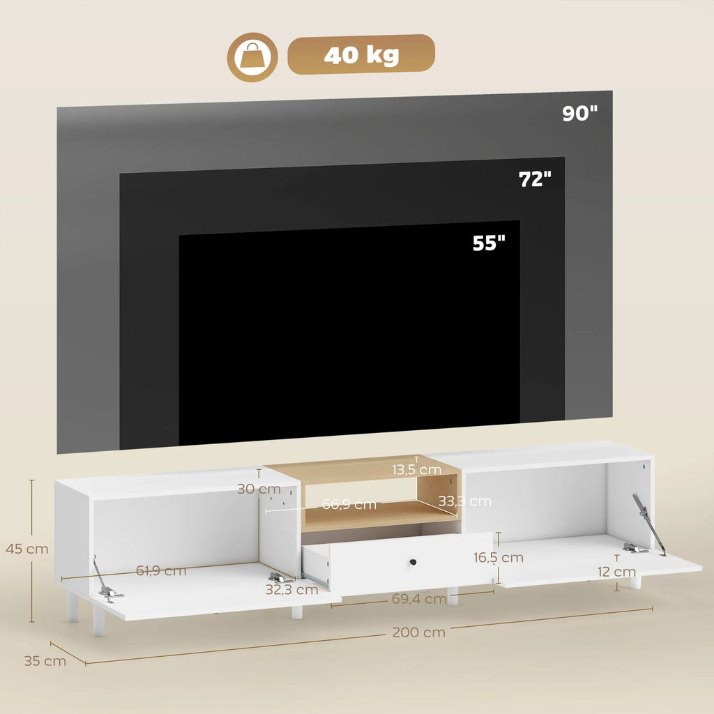 TV spintelė 200 cm, skirta iki 90 colių televizoriams, balta