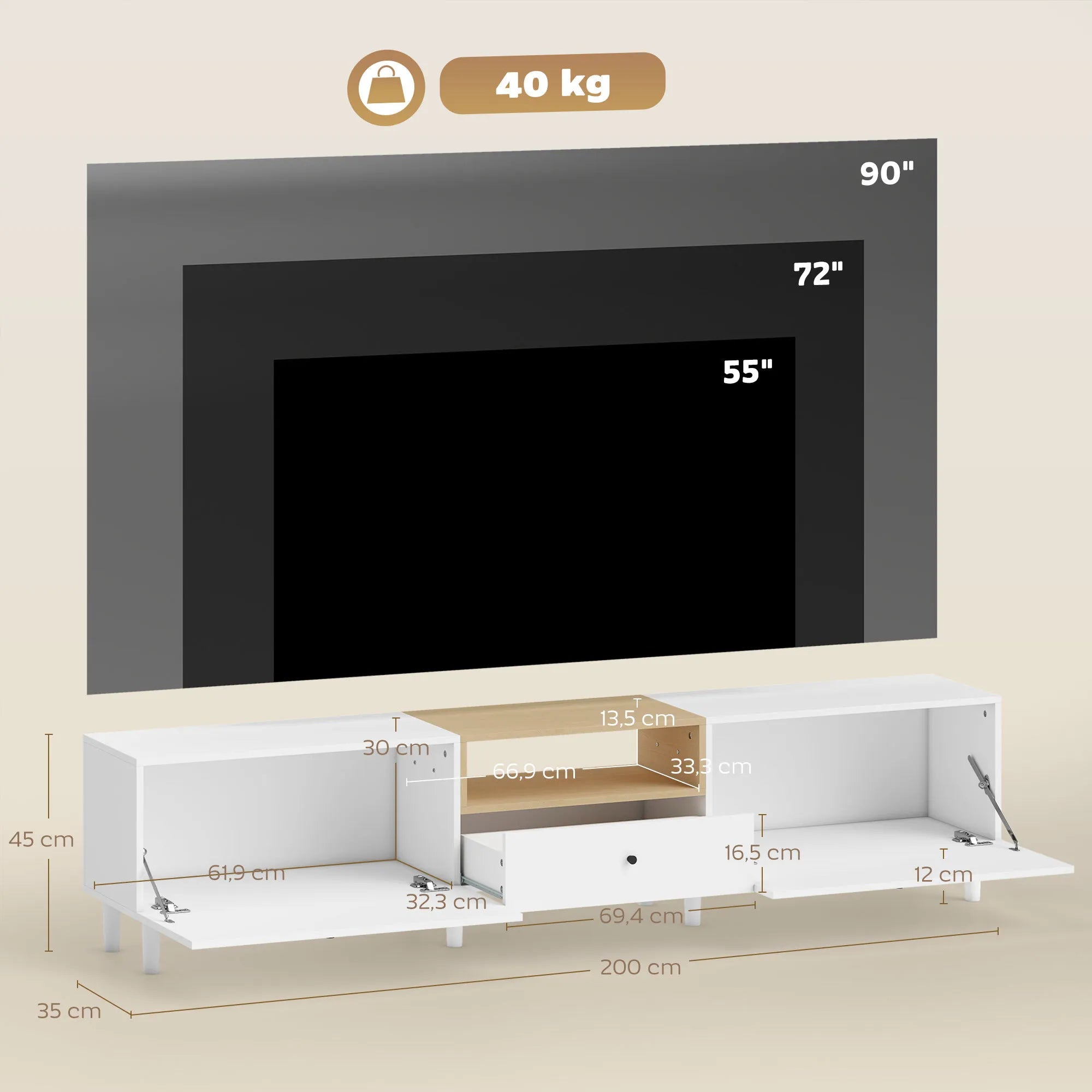 TV spintelė 200 cm, skirta iki 90 colių televizoriams, balta
