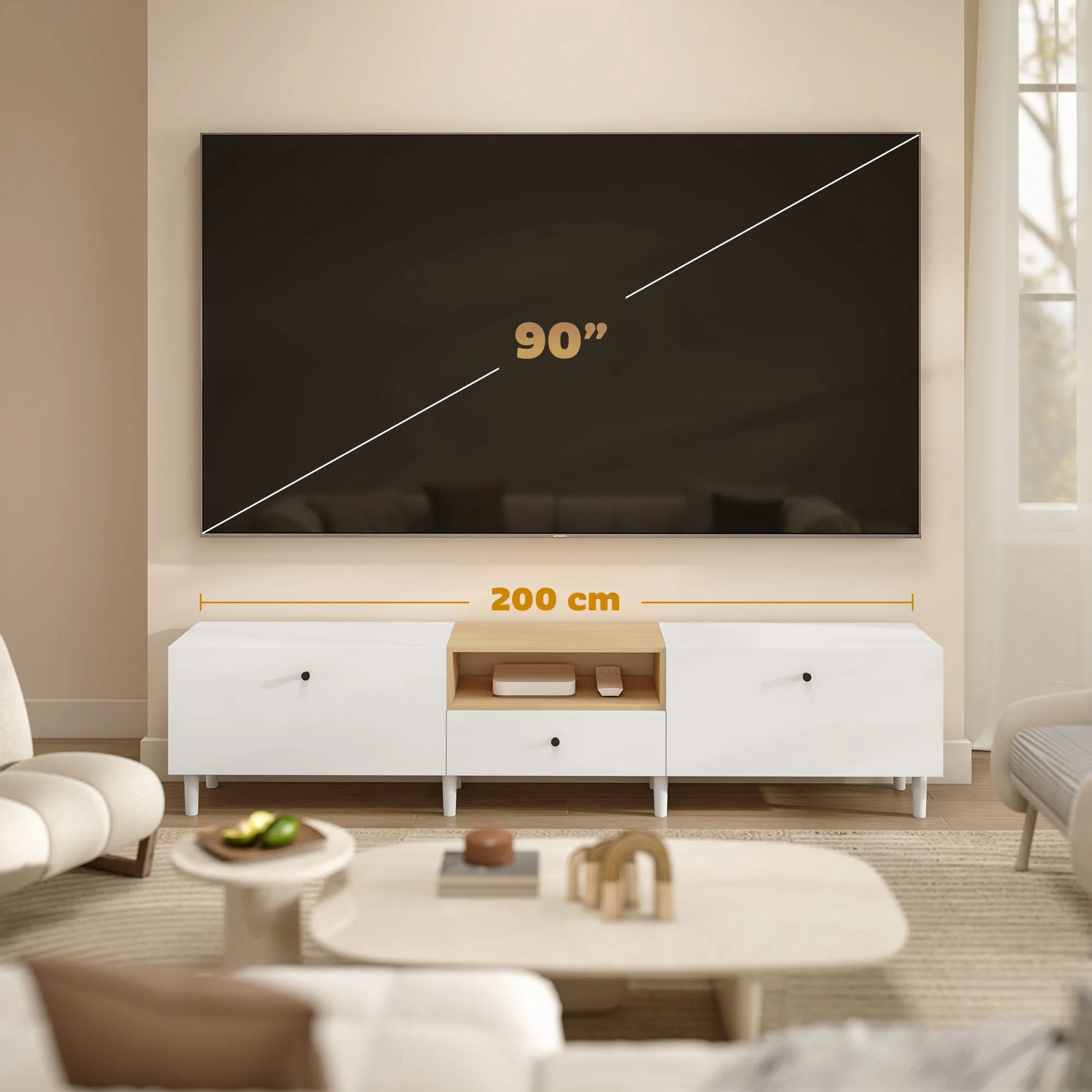 TV spintelė 200 cm, skirta iki 90 colių televizoriams, balta