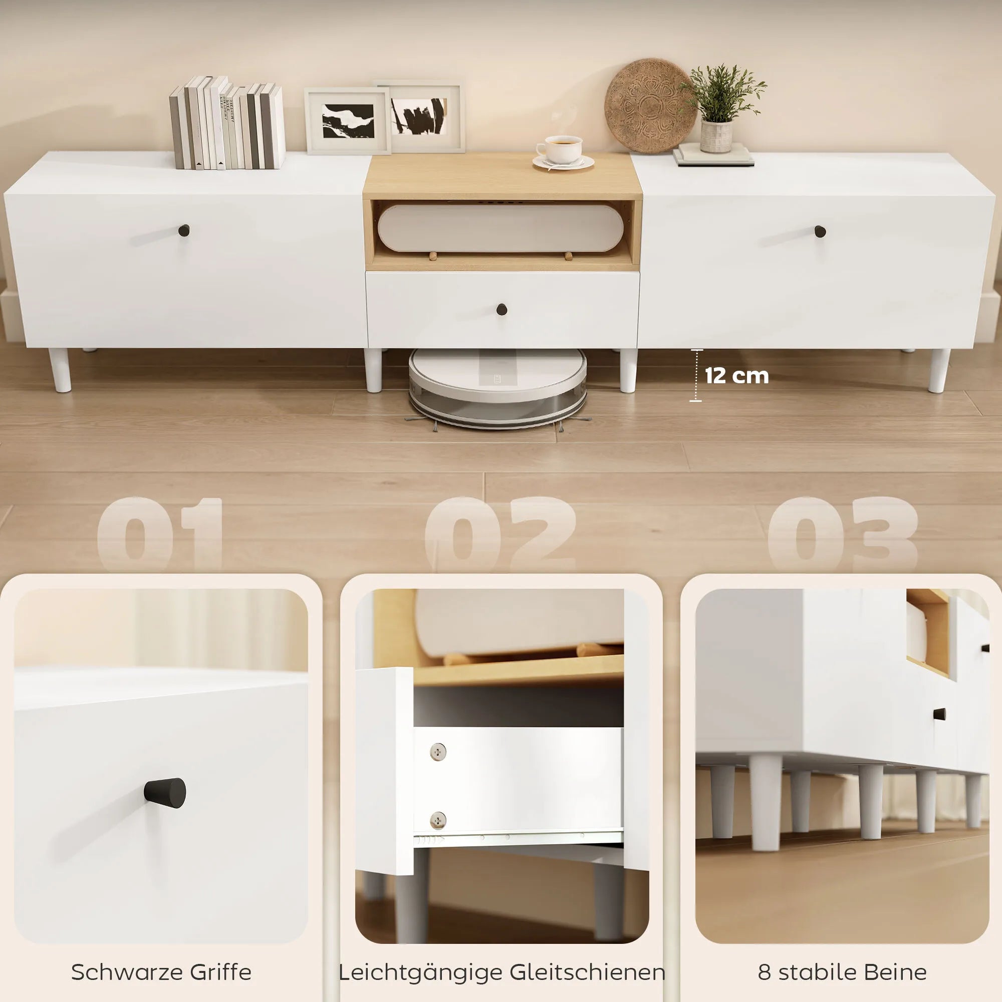 TV spintelė 200 cm, skirta iki 90 colių televizoriams, balta