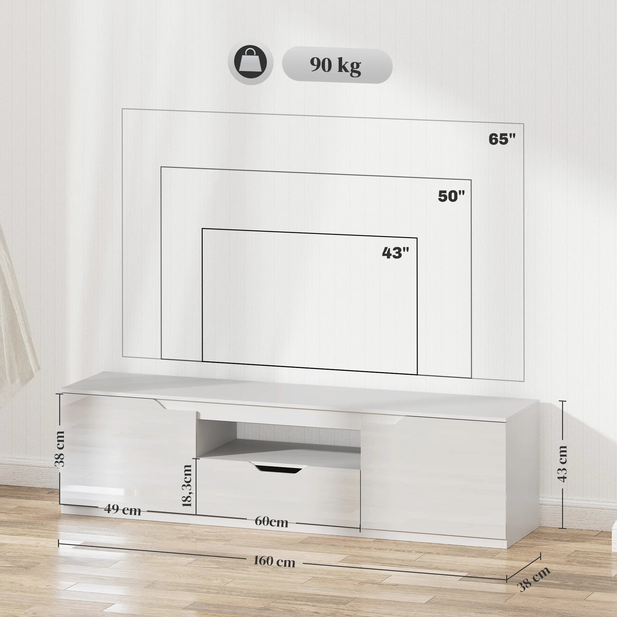 TV spintelė Homede su stalčiumi ir lentynomis, 160 cm, balta