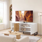 TV spintelė iki 55 colių televizoriui, TV komoda su reguliuojamomis lentynomis, balta ir ąžuolo