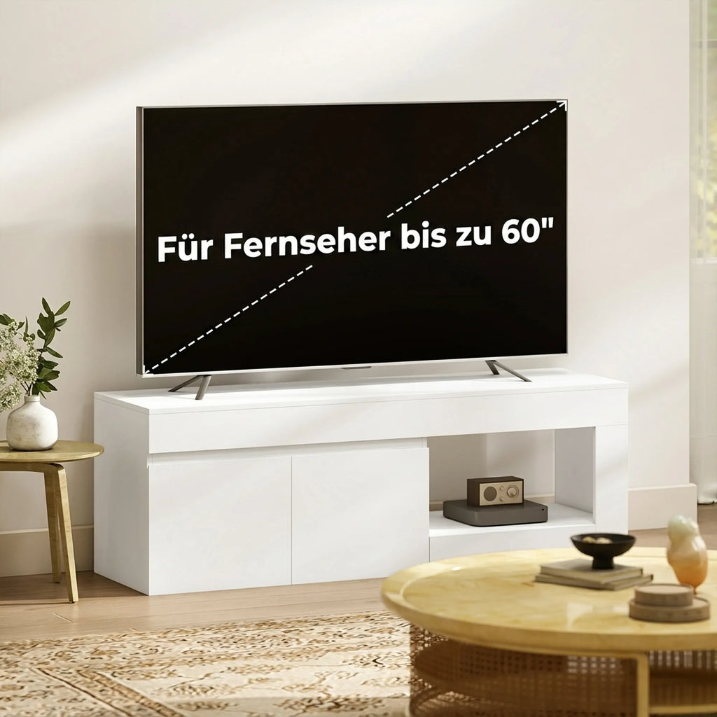 TV spintelė su durelėmis ir atvira lentyna, 140 cm, balta