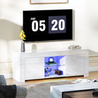 TV spintelė su LED apšvietimu, 2 spintelės durelės, stiklinė lentyna, kabelio angos, skirta svetainei, medžio drožlių plokštė, balta