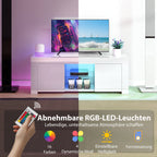 TV spintelė su LED apšvietimu, 2 spintelės durelės, stiklinė lentyna, kabelio angos, skirta svetainei, medžio drožlių plokštė, balta