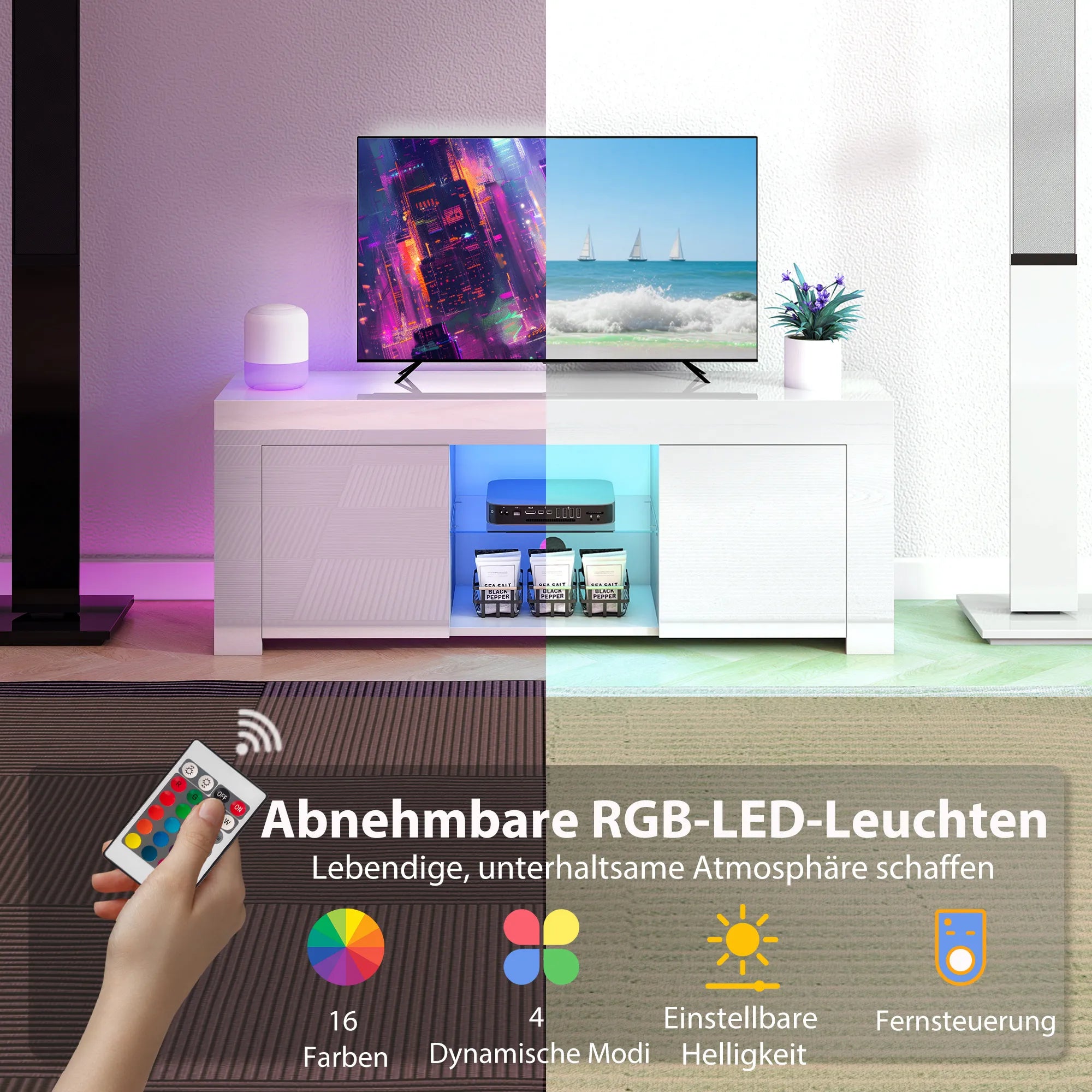 TV spintelė su LED apšvietimu, 2 spintelės durelės, stiklinė lentyna, kabelio angos, skirta svetainei, medžio drožlių plokštė, balta