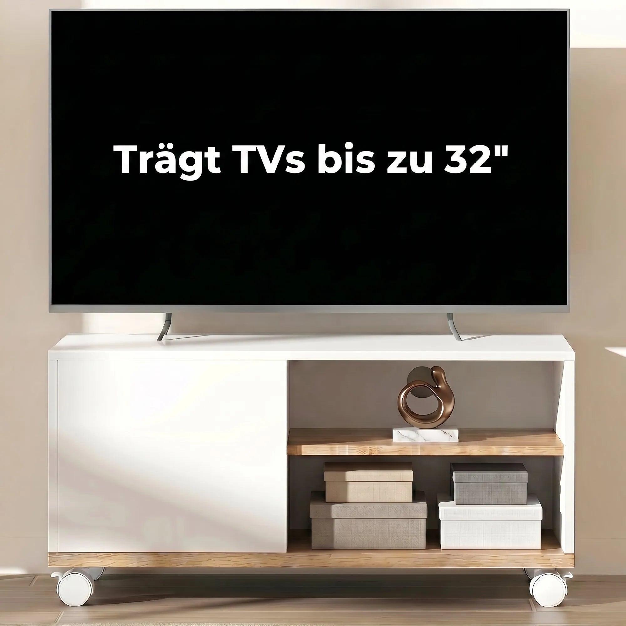 TV spintelė su ratukais, balta ir ąžuolo spalvos