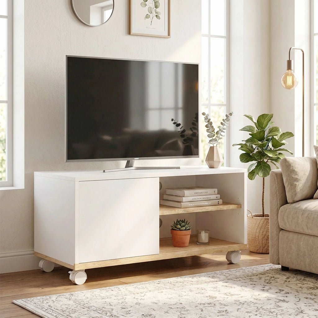 TV spintelė su ratukais, balta ir ąžuolo spalvos