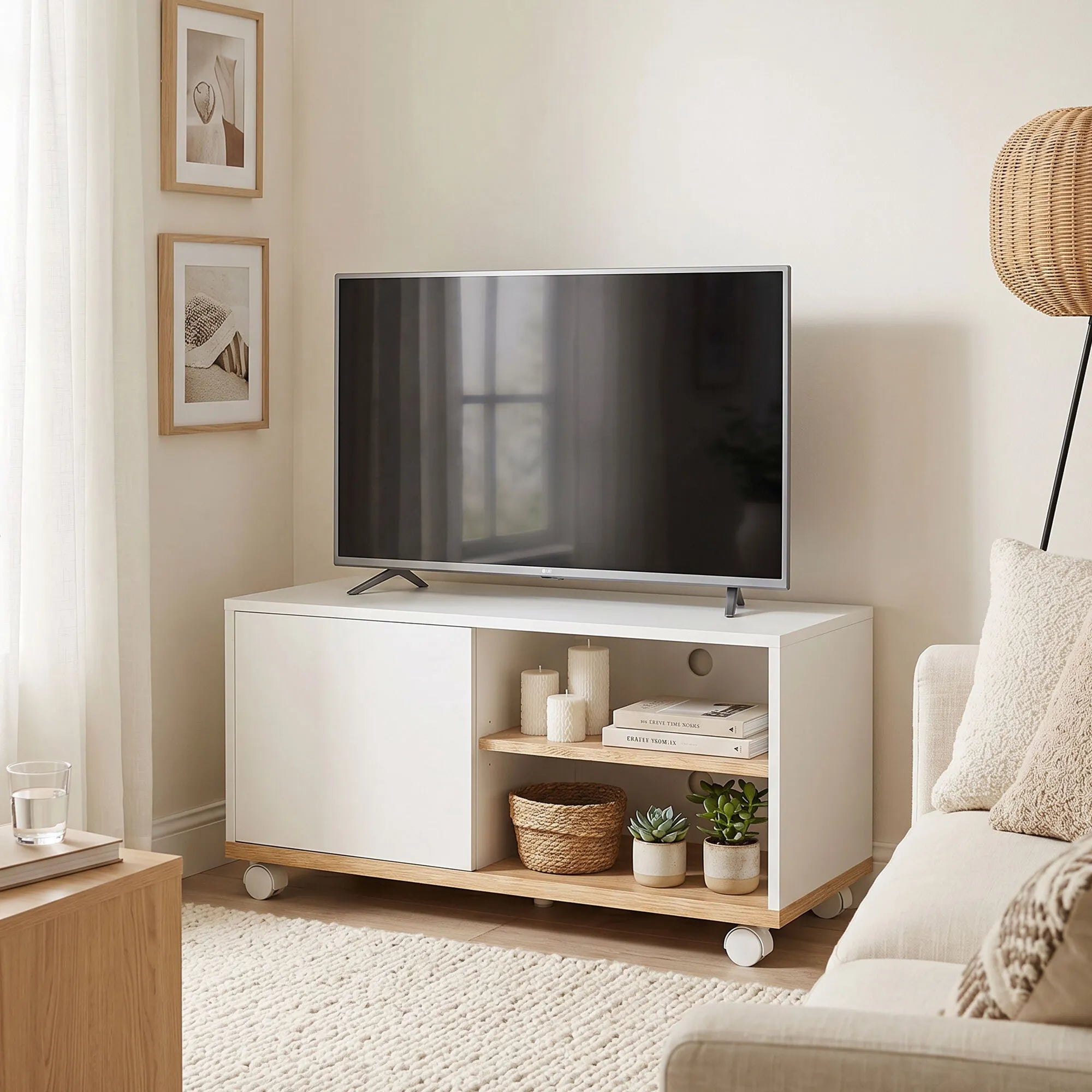 TV spintelė su ratukais, balta ir ąžuolo spalvos