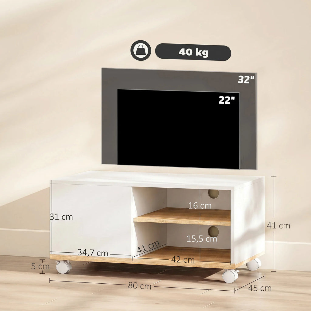 TV spintelė su ratukais, balta ir ąžuolo spalvos