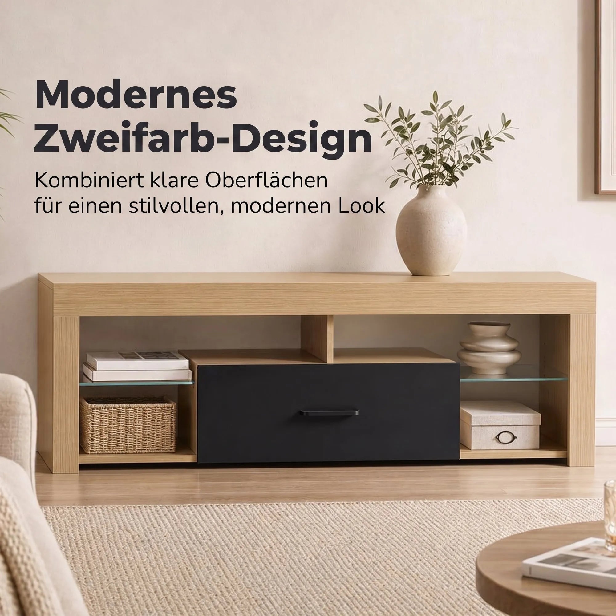 TV spintelė su reguliuojamomis stiklinėmis lentynomis, 140 cm, ąžuolo spalvos