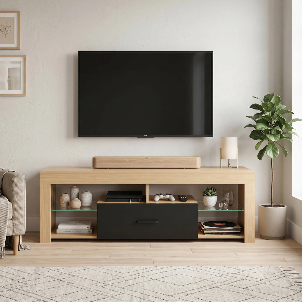 TV spintelė su reguliuojamomis stiklinėmis lentynomis, 140 cm, ąžuolo spalvos