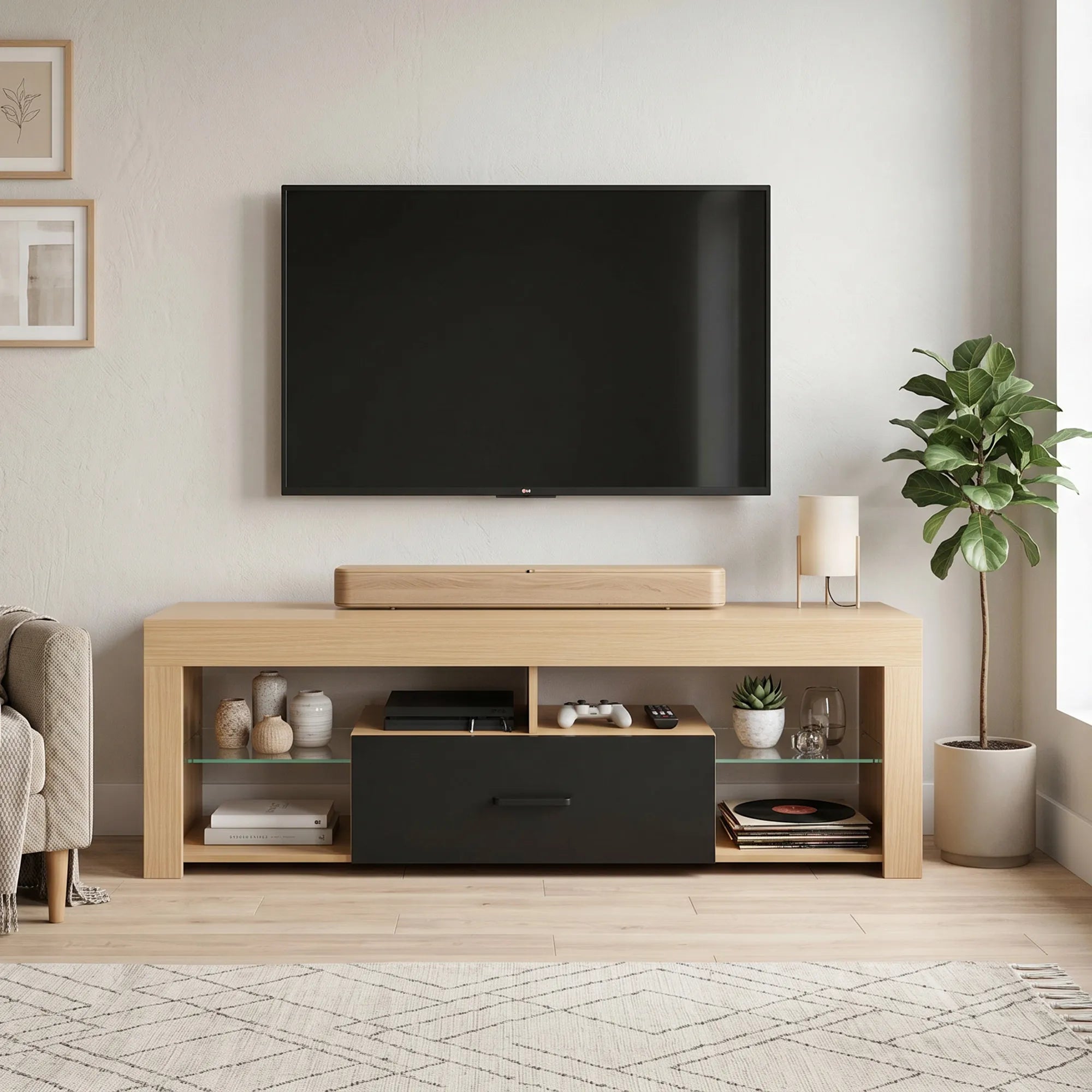 TV spintelė su reguliuojamomis stiklinėmis lentynomis, 140 cm, ąžuolo spalvos