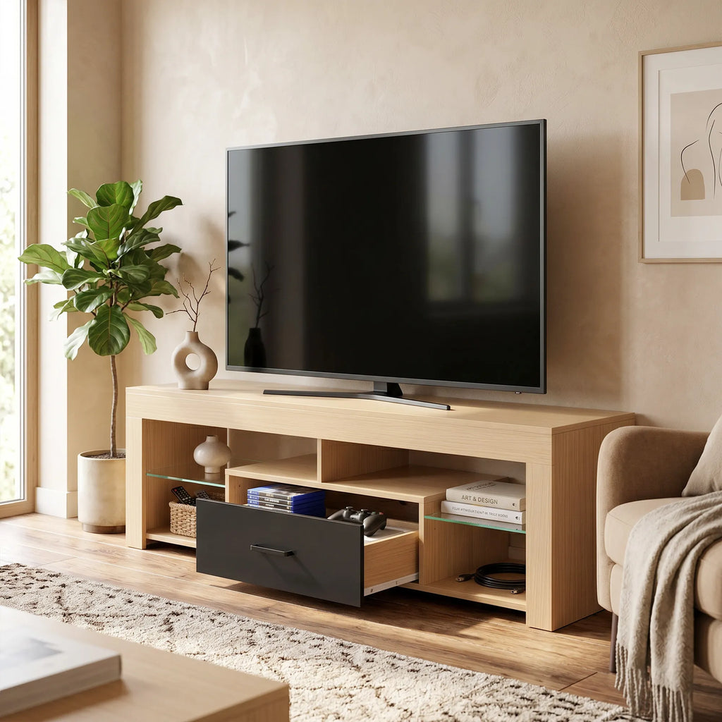 TV spintelė su reguliuojamomis stiklinėmis lentynomis, 140 cm, ąžuolo spalvos