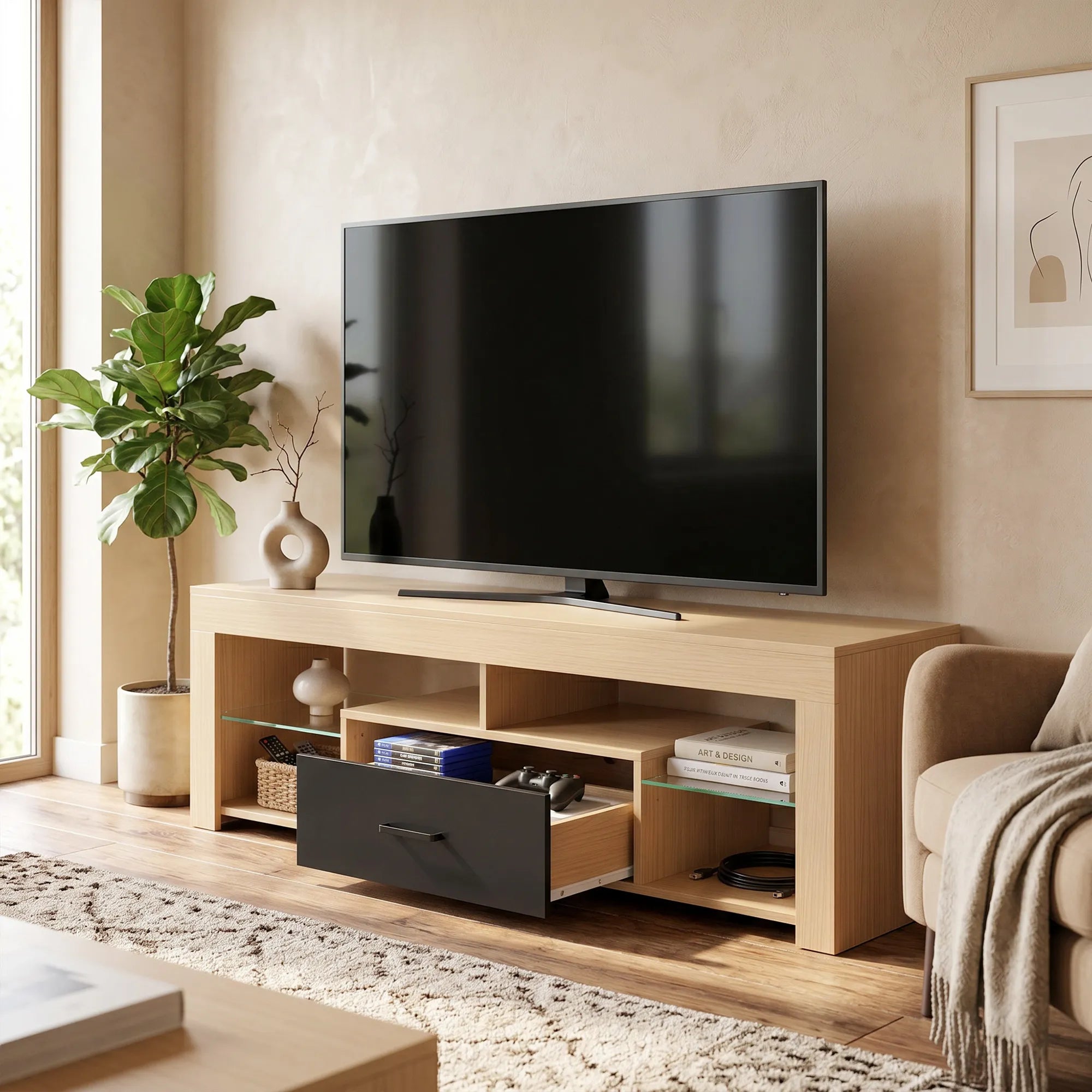 TV spintelė su reguliuojamomis stiklinėmis lentynomis, 140 cm, ąžuolo spalvos
