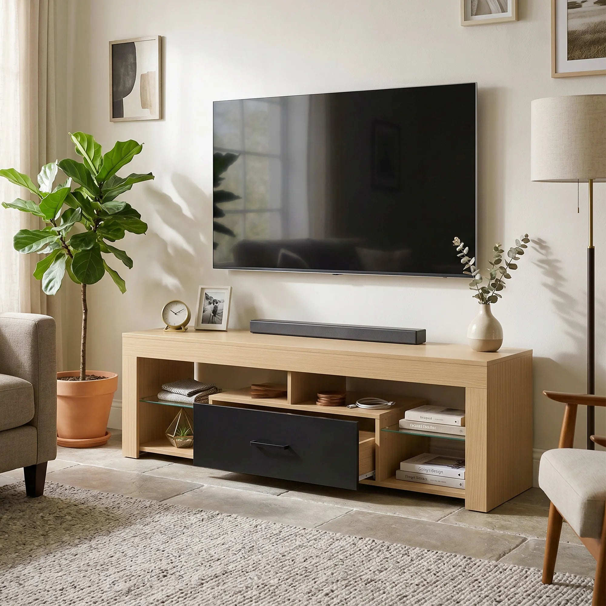 TV spintelė su reguliuojamomis stiklinėmis lentynomis, 140 cm, ąžuolo spalvos