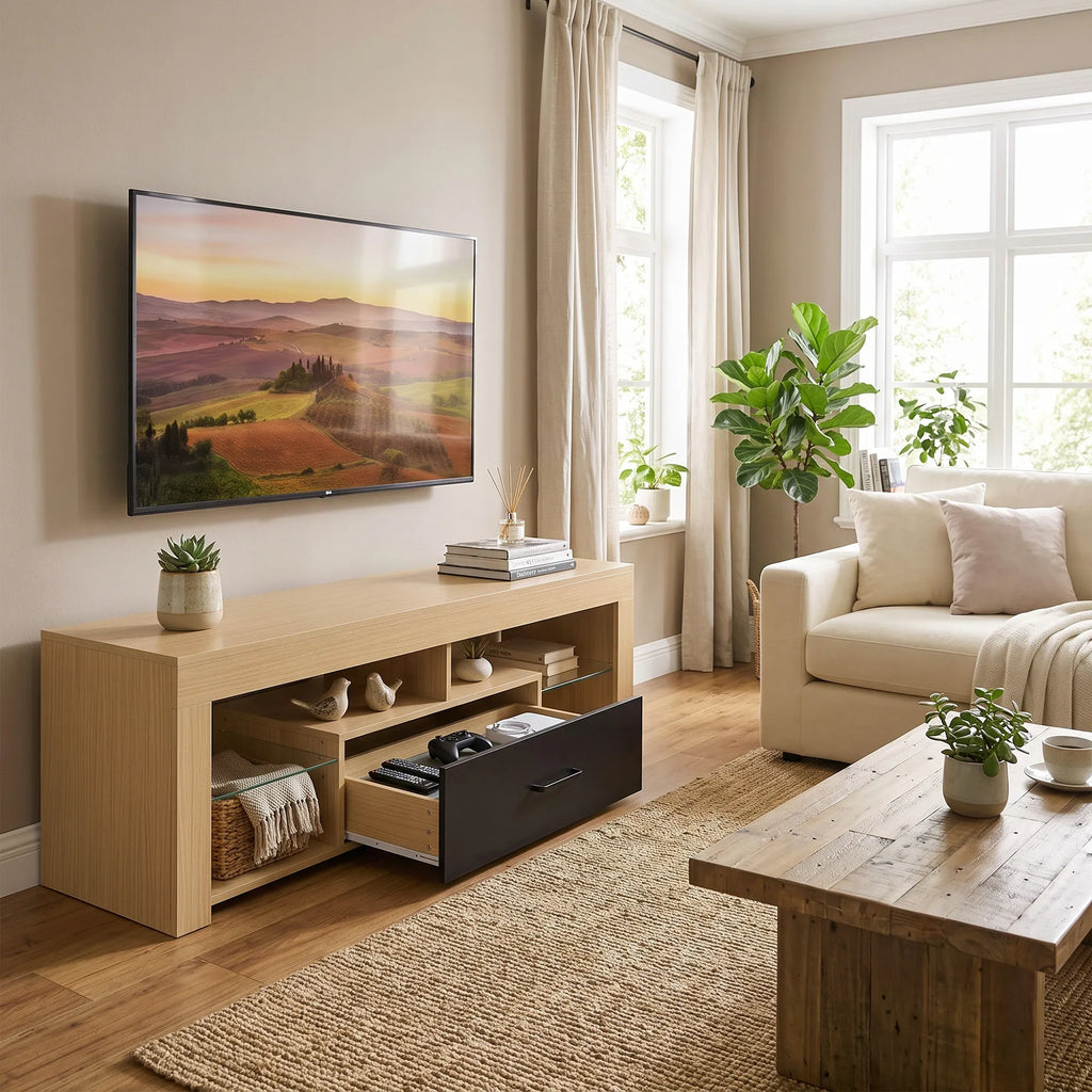 TV spintelė su reguliuojamomis stiklinėmis lentynomis, 140 cm, ąžuolo spalvos