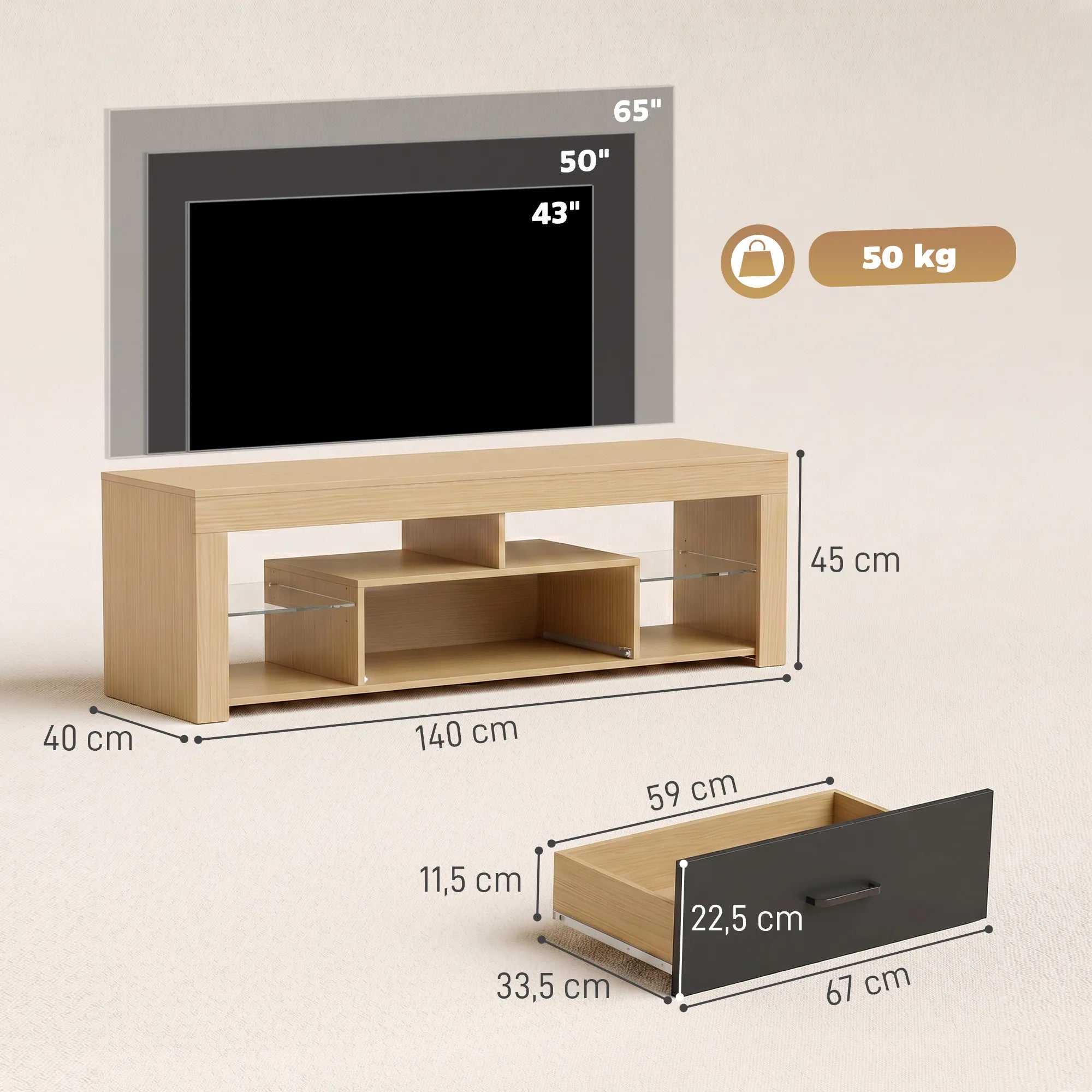 TV spintelė su reguliuojamomis stiklinėmis lentynomis, 140 cm, ąžuolo spalvos