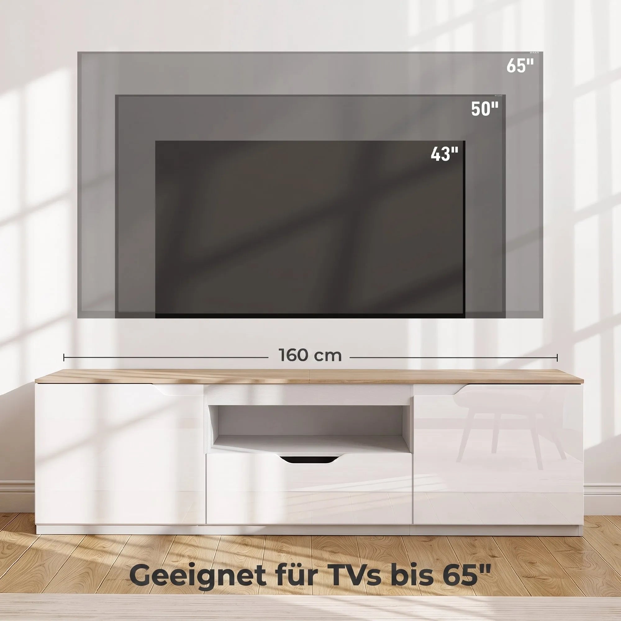 TV spintelė su stalčiumi, 160 cm, natūralios medienos spalvos