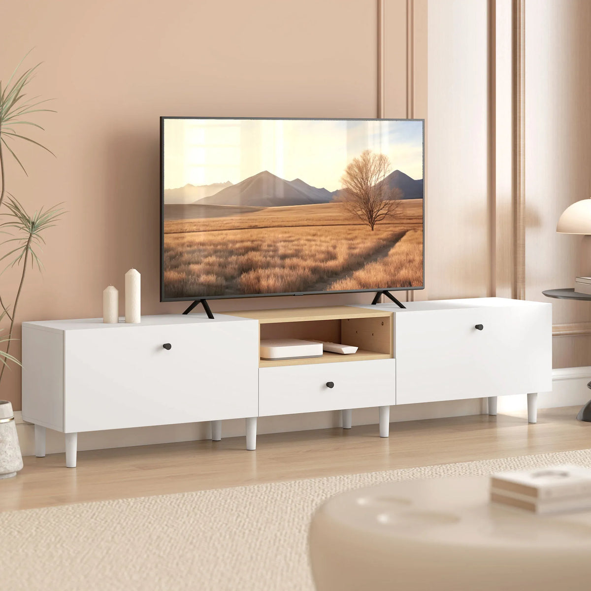 TV staliukas 200 cm, skirtas iki 90 colių televizoriams, balta
