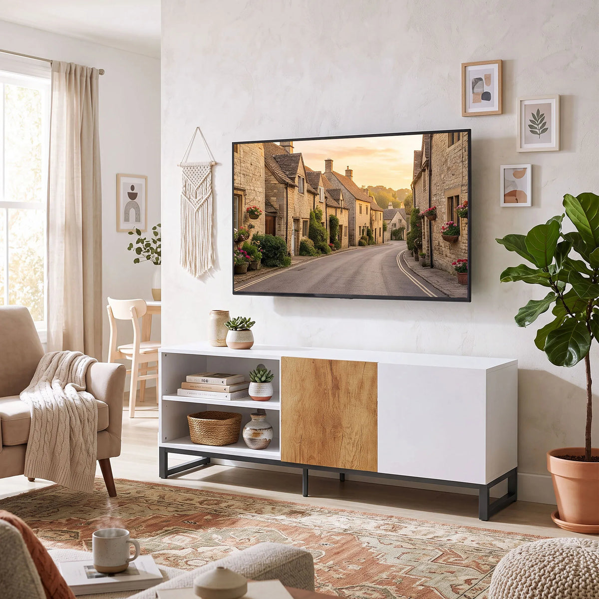 TV staliukas iki 55 colių televizoriui, su reguliuojamomis lentynomis, balta ir ąžuolo