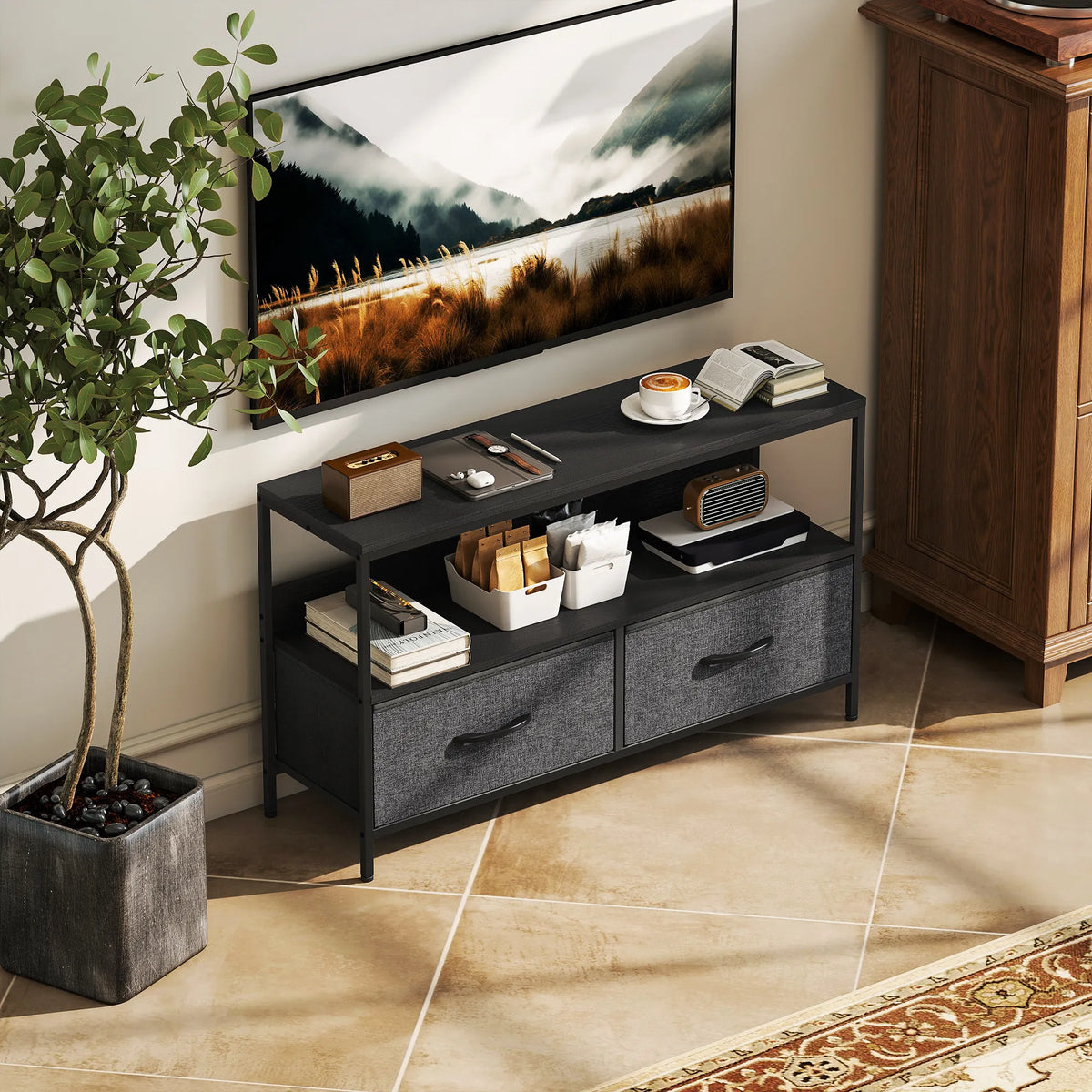 TV staliukas su 2 stalčiais ir lentyna, 98 × 29 × 56 cm, juoda ir tamsiai pilka