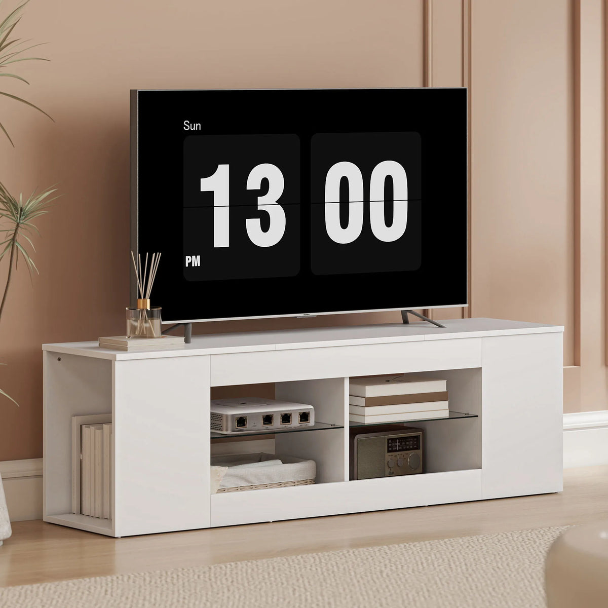 TV staliukas su 6 lentynomis, 140 cm, baltas