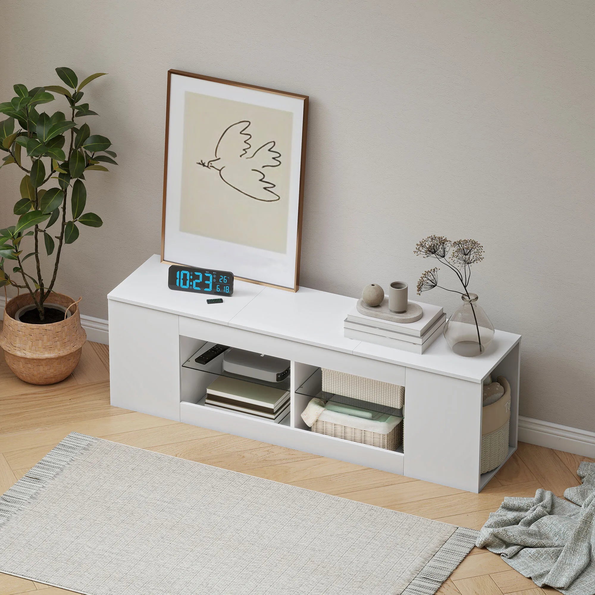 TV staliukas su 6 lentynomis, 140 cm, baltas