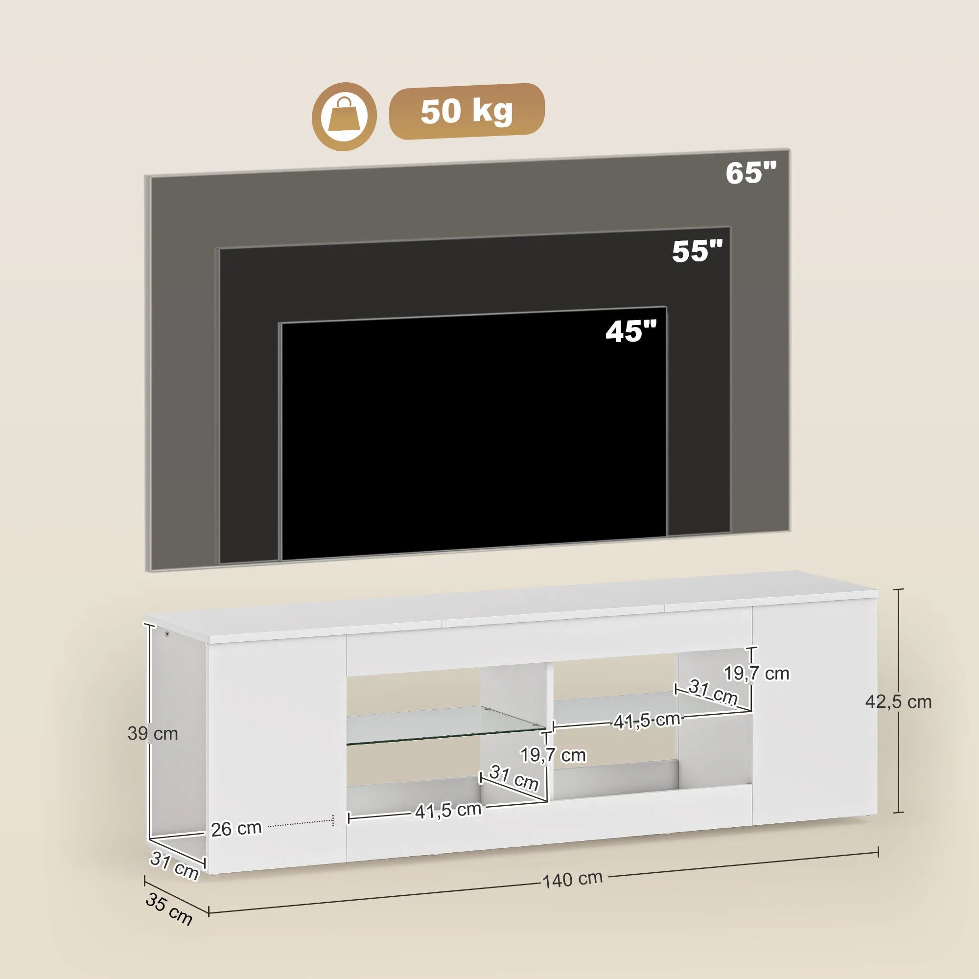 TV staliukas su 6 lentynomis, 140 cm, baltas