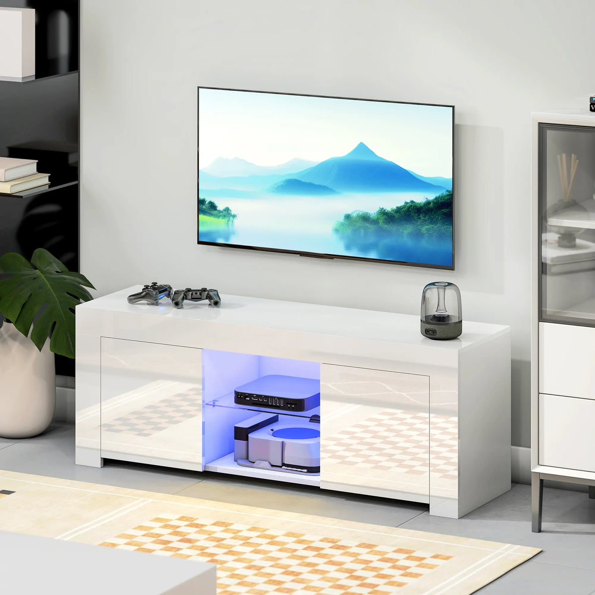 TV staliukas su LED apšvietimu, 120 cm, baltas