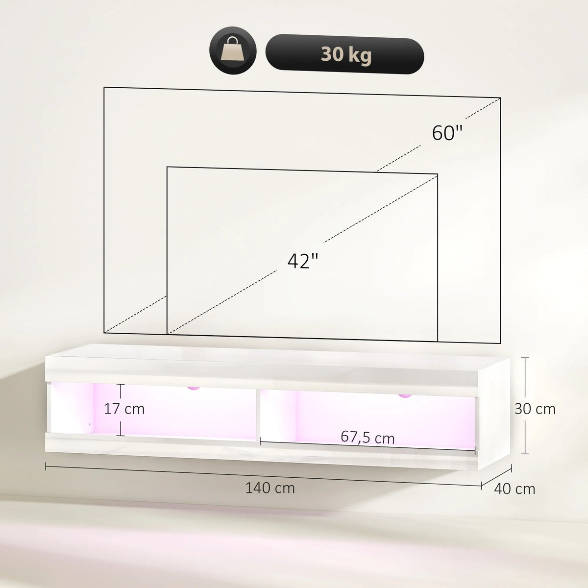 TV staliukas su LED apšvietimu, pakabinamas, 140 cm, blizgi balta