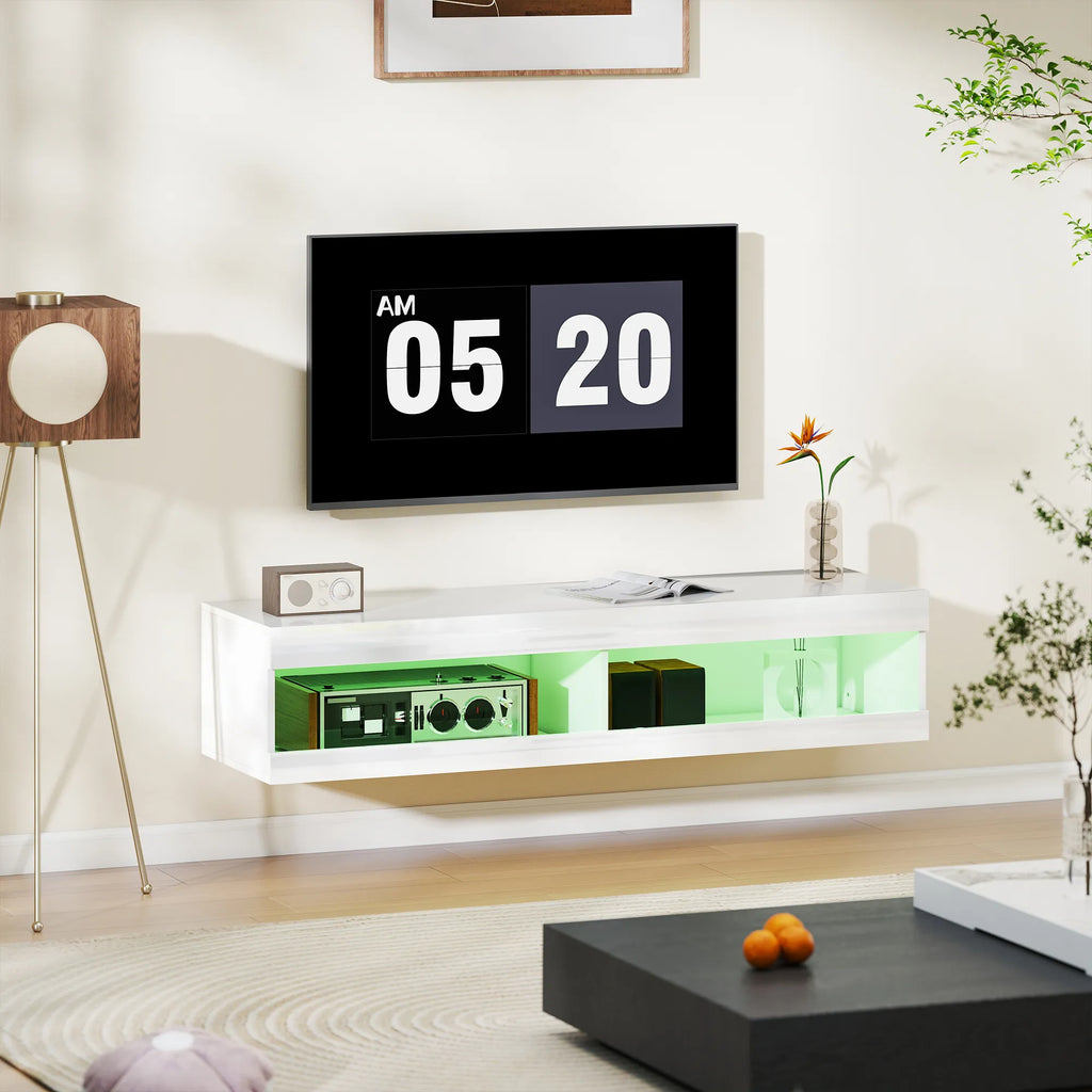 TV staliukas su LED apšvietimu, pakabinamas, 140 cm, blizgi balta