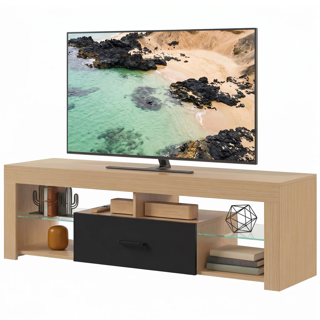 TV staliukas su reguliuojamomis stiklinėmis lentynomis, 140 cm, ąžuolo spalvos