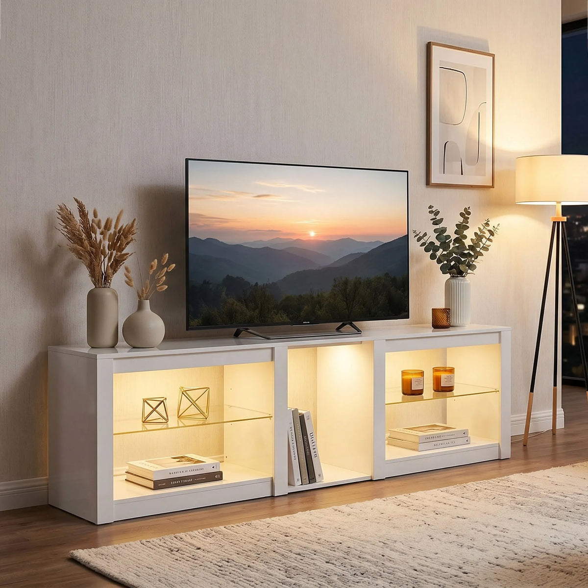 TV staliukas su RGB LED apšvietimu, iki 75 colių, baltas