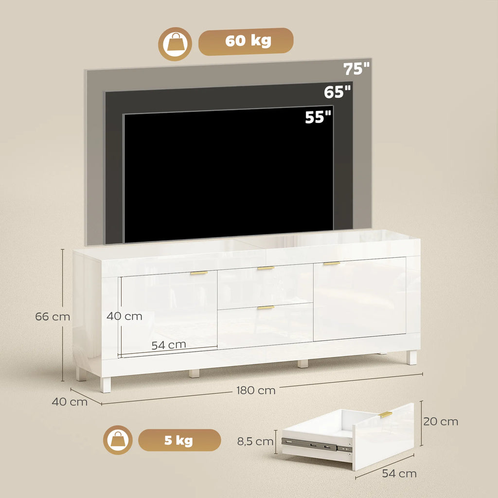 TV staliukas su stalčiais, 180 cm, baltas