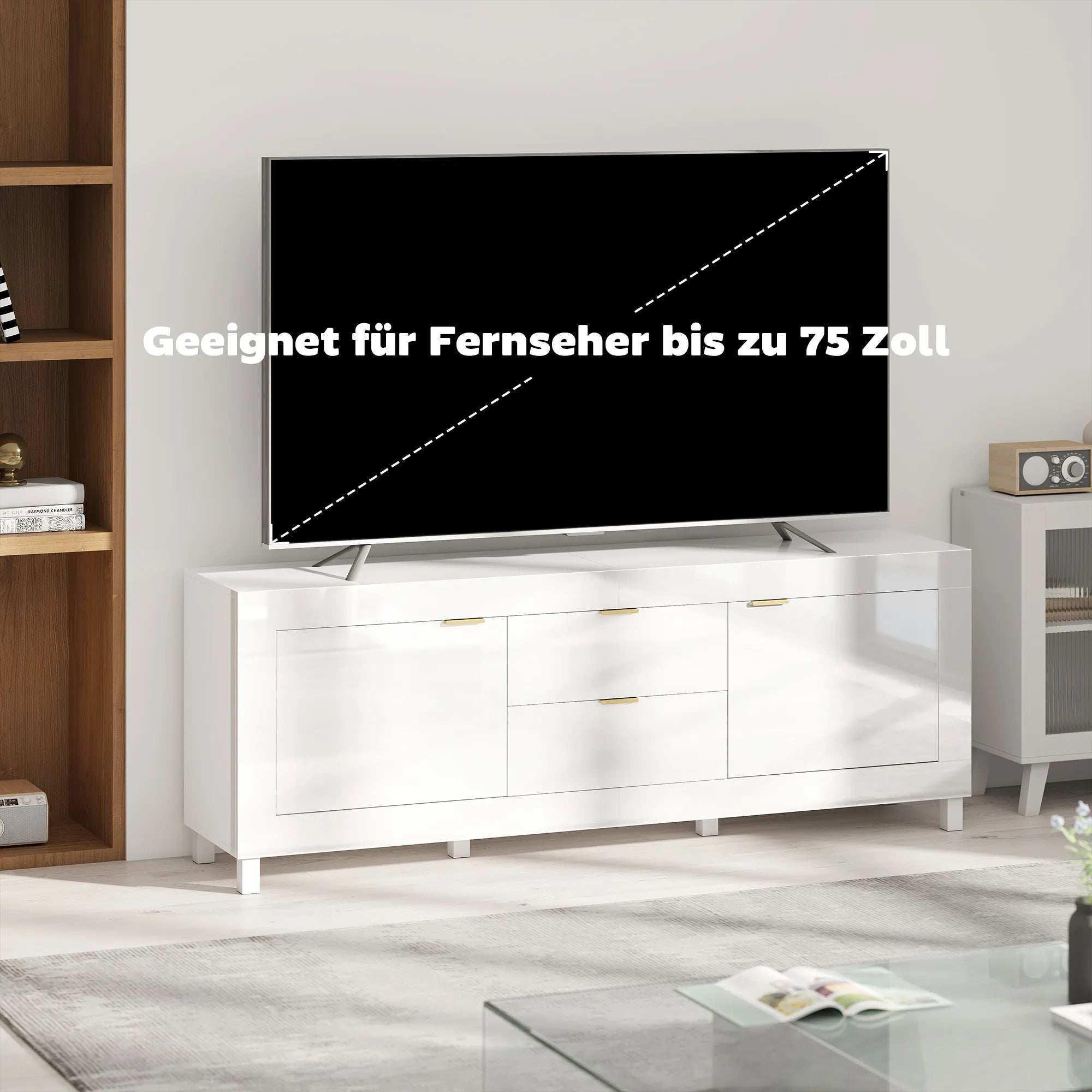 TV staliukas su stalčiais, 180 cm, baltas
